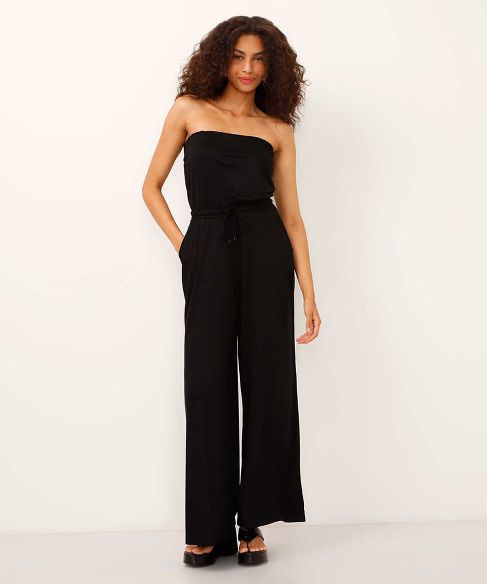 macacão pantalona de viscose sem alça preto