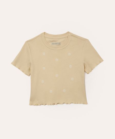 camiseta de algodão juvenil canelada floral bege 10