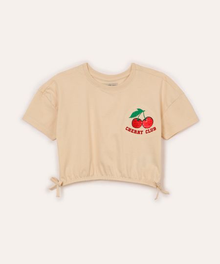 camiseta de algodão infantil com amarração e paetê bege 4
