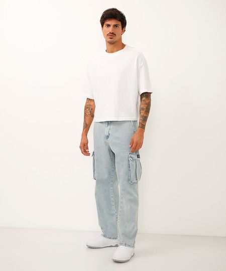 calça wide leg jeans com bolsos cargo azul 40