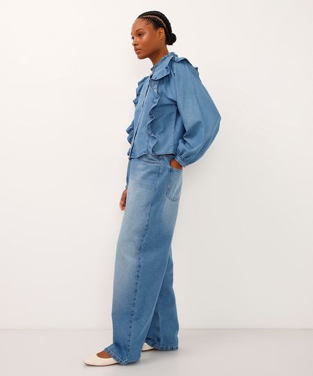 calça wide baggy jeans cintura ajustável azul 38