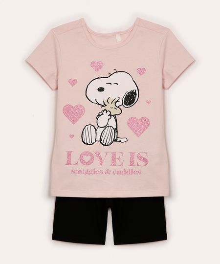 conjunto infantil de algodão curto snoppy rosa 4