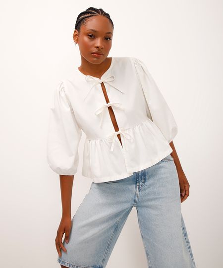 blusa de sarja manga bufante com laço off white G blusa de sarja manga bufante com laço off white G