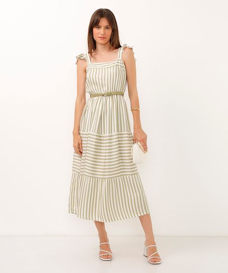 vestido midi de viscose marias listrado verde P