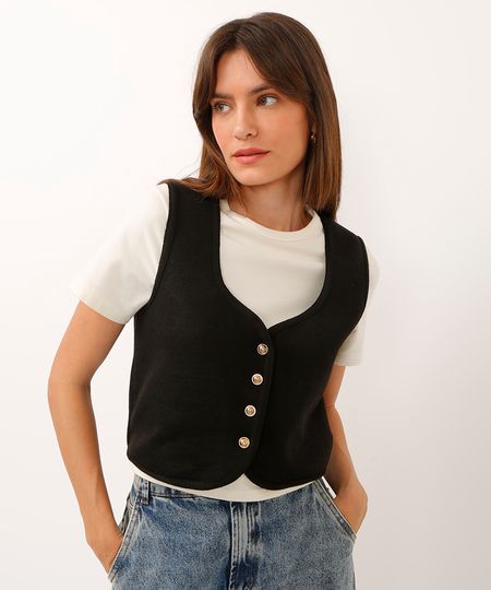 colete de tricot botões dourados preto M