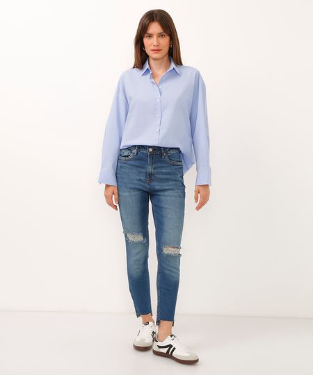 calça skinny jeans cintura alta destroyed barra assimétrica azul 36