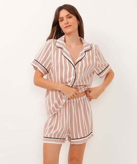 pijama americano de viscose curto listrado laranja PP
