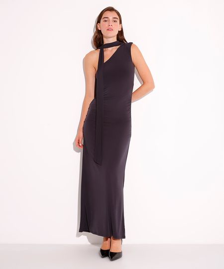 vestido ombro único com franzido e echarpe mindset preto P