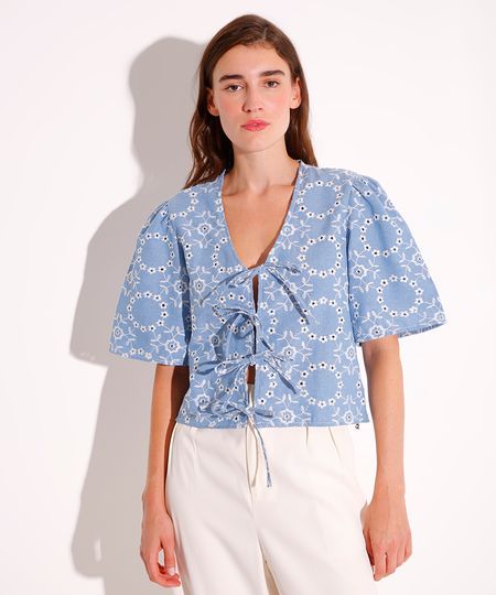 blusa jeans com laços e bordado floral mindset azul G