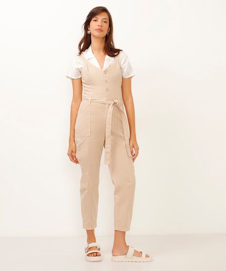 macacão regata de sarja com faixa bege PP macacão regata de sarja com faixa bege PP