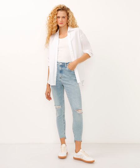 calça skinny jeans cintura alta barra assimétrica destroyed azul 34