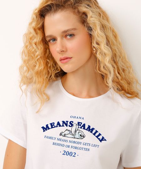 camiseta de algodão manga curta stitch means family branca P