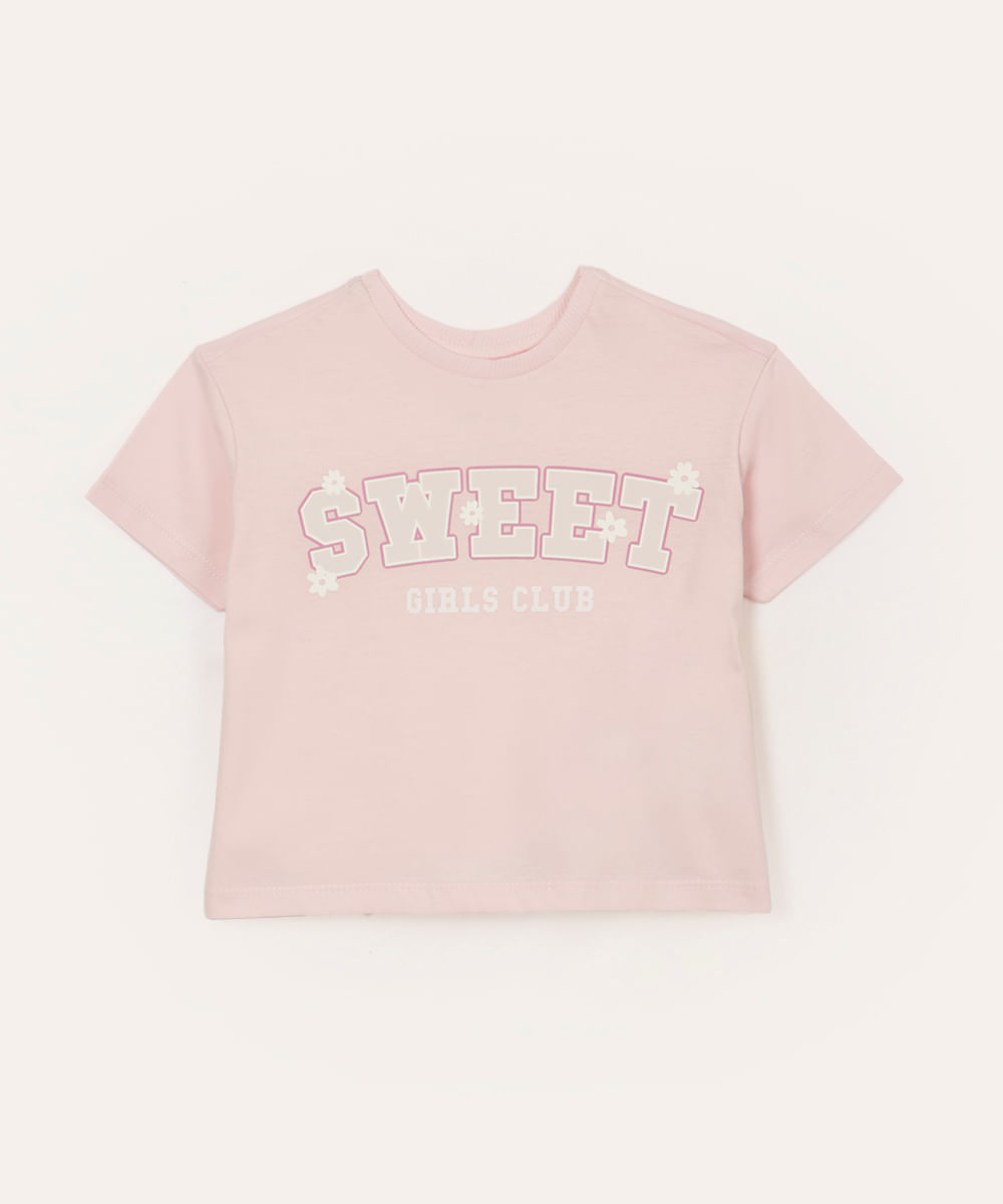 camiseta de algodão infantil manga curta sweet rosa