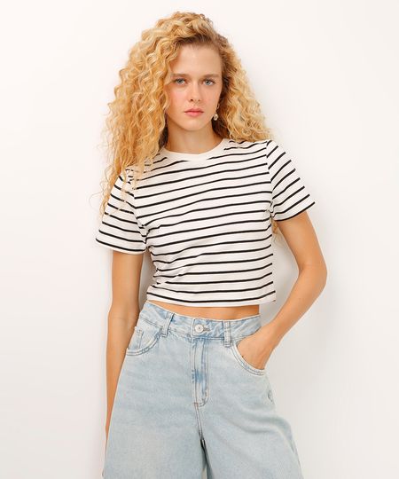 camiseta baby look de algodão peruano listrada off white G