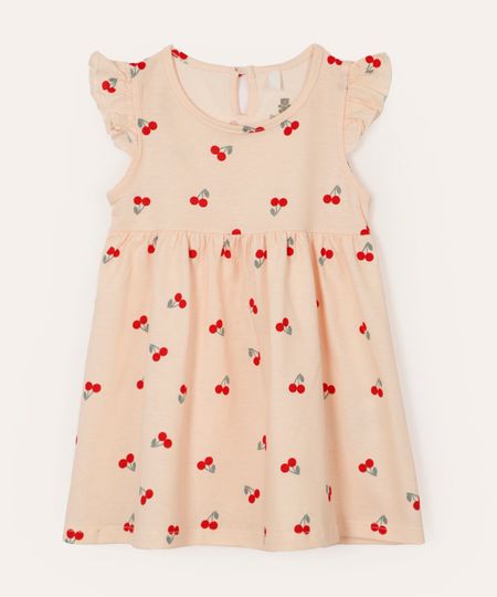 vestido midi infantil babados cerejinhas rosa 3-6
