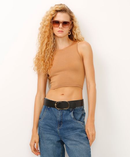 regata cropped de tricot halterneck bege PP
