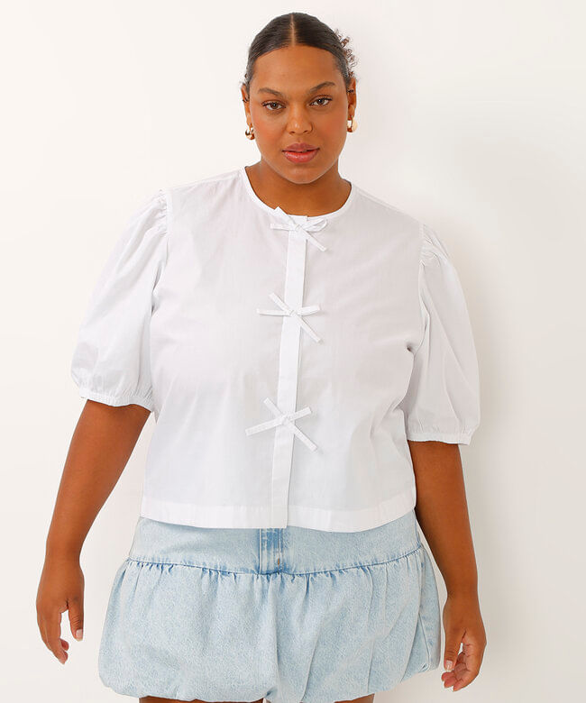 camisa de algodão manga bufante plus size mindset branca