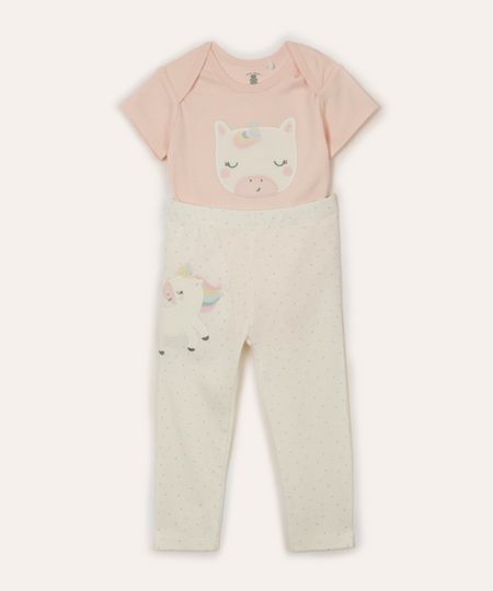 conjunto infantil longo poá e unicórnio rosa 3-6