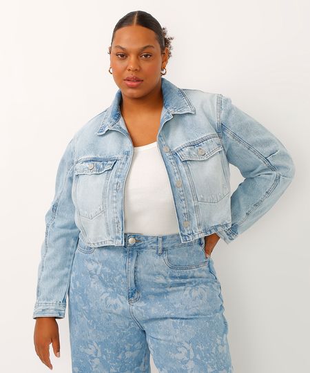 jaqueta cropped jeans plus size azul GG1