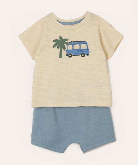 conjunto infantil curto carrinho listrado bege 18-24