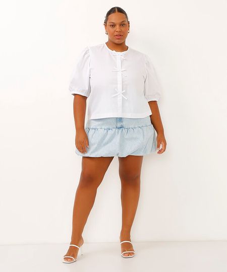saia curta balonê jeans cintura alta plus size azul 46 saia curta balonê jeans cintura alta plus size azul 46