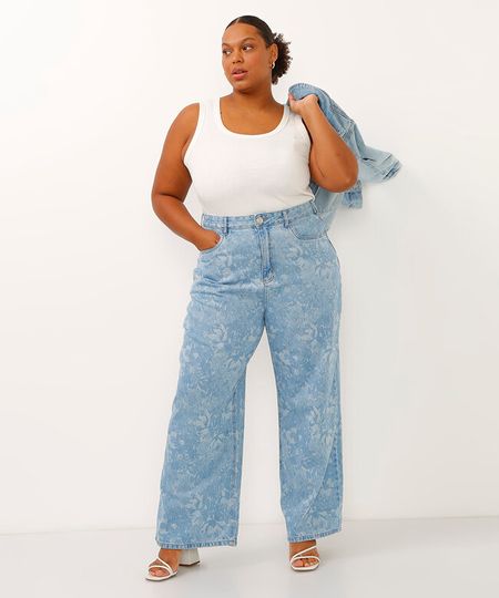 calça wide leg slim jeans cintura alta floral plus size azul 48