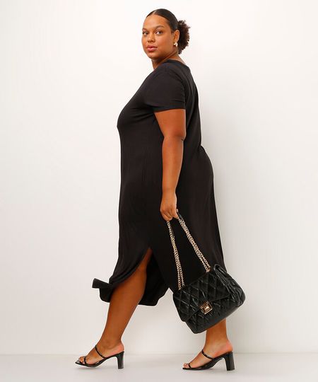 vestido midi plus size de viscose com fenda preto GG