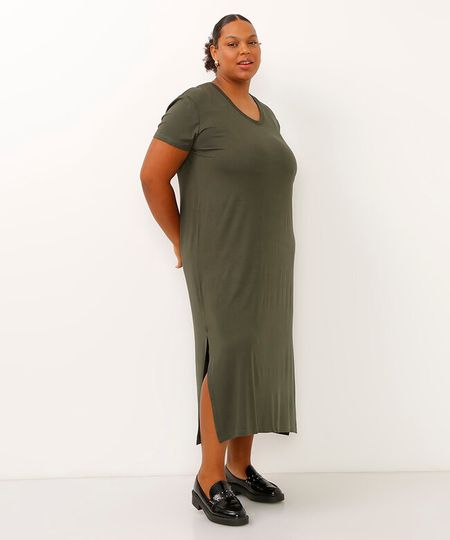 vestido midi plus size de viscose com fenda verde militar GG1 vestido midi plus size de viscose com fenda verde militar GG1