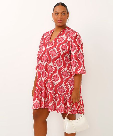 vestido curto manga bufante com babados arabesco rosa GG1