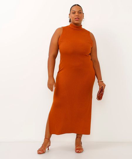 vestido midi plus size gola alta laranja GG1 vestido midi plus size gola alta laranja GG1
