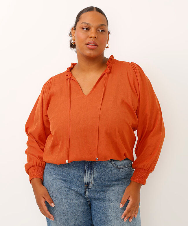 blusa plus size decote v manga longa bufante laranja