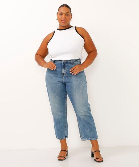calça reta comfort jeans cintura alta plus size azul 50