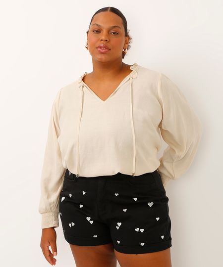 blusa plus size decote v manga longa bufante bege GG2