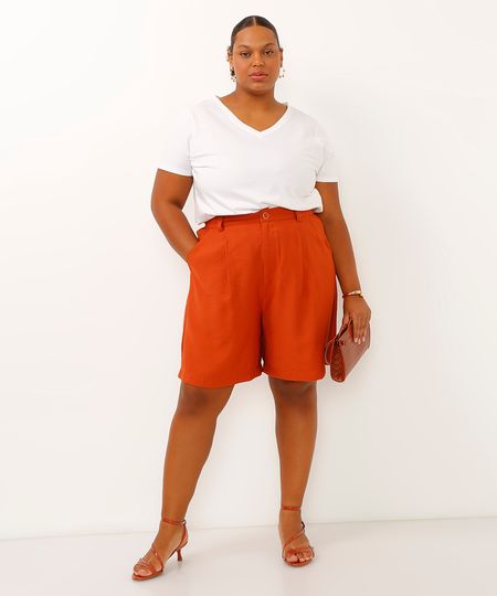 bermuda reta de alfaiataria cós com elástico plus size laranja 50 bermuda reta de alfaiataria cós com elástico plus size laranja 50