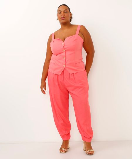 calça plus size com linho cós elástico rosa 50