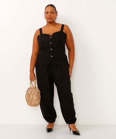 calça plus size com linho cós elástico preto 50