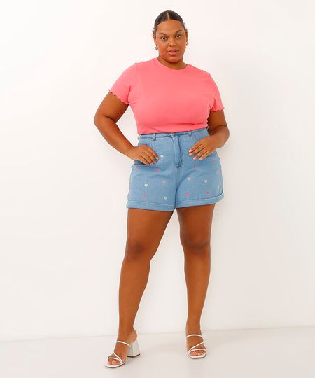 short mom jeans cintura alta coração plus size azul 46 short mom jeans cintura alta coração plus size azul 46