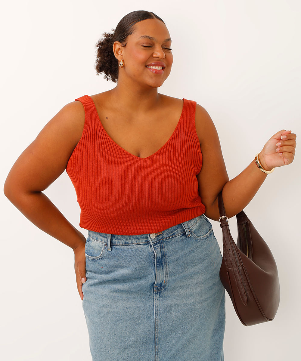 regata de tricot decote v plus size laranja