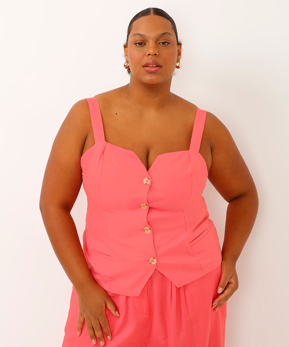 regata alfaiatada plus size com linho rosa