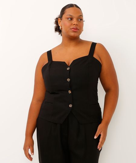 regata alfaiatada plus size com linho preto GG2