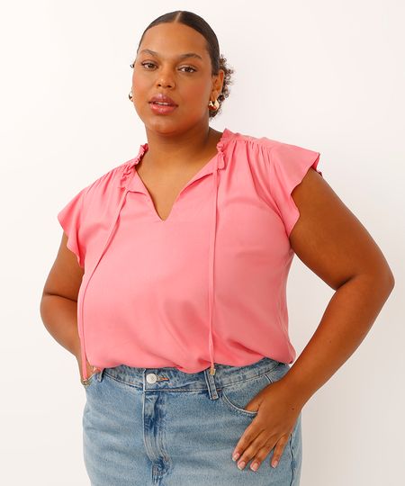 blusa plus size de viscose decote laço rosa GG