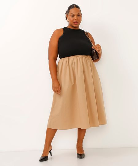 vestido midi bicolor plus size mindset bege GG3