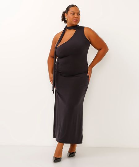 vestido ombro único com franzido e echarpe plus size mindset preto GG1