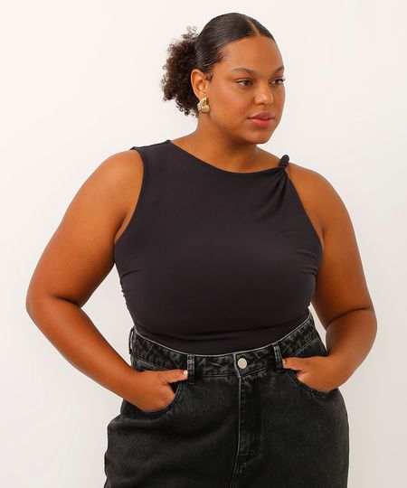 regata alça torcida com franzido plus size mindset preta GG1