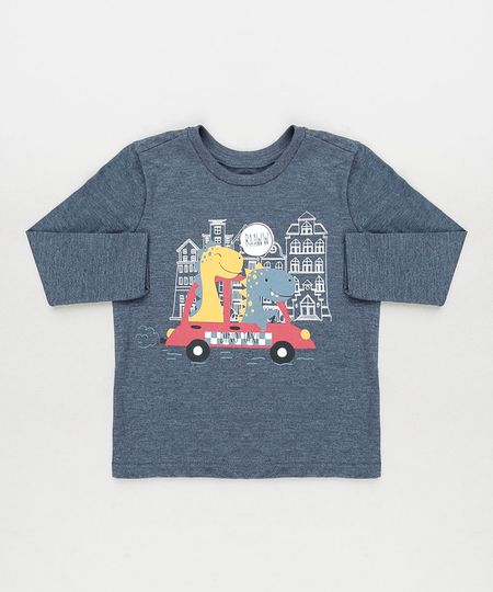 Camiseta Infantil Dinossauros Manga Longa Azul Escuro Mescla 1