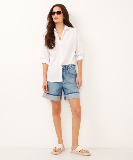 bermuda mom jeans cintura alta barra dobrada azul 34