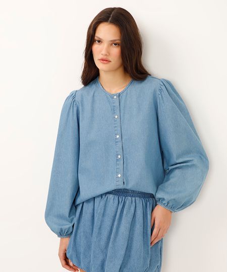 camisa jeans decote redondo manga bufante azul M camisa jeans decote redondo manga bufante azul M