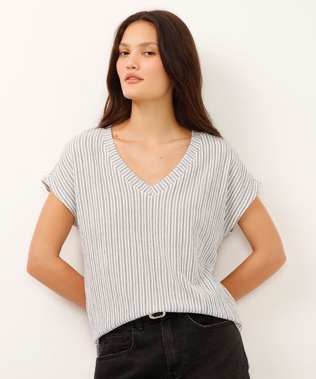 blusa decote v texturizada listrada off white M