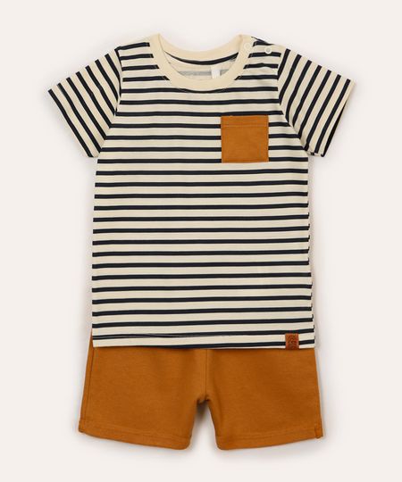 conjunto infantil curto listrado marrom 9-12