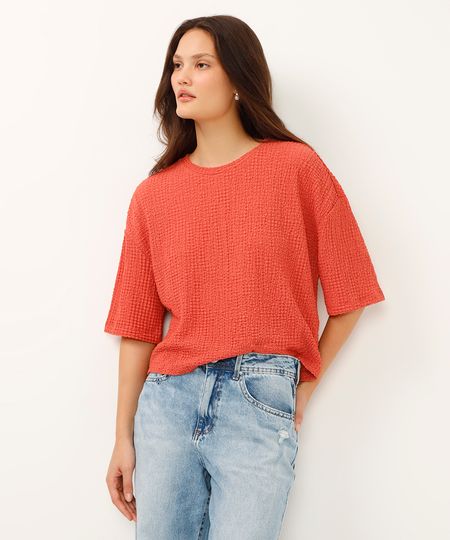 blusa decote redondo manga curta texturizada laranja PP